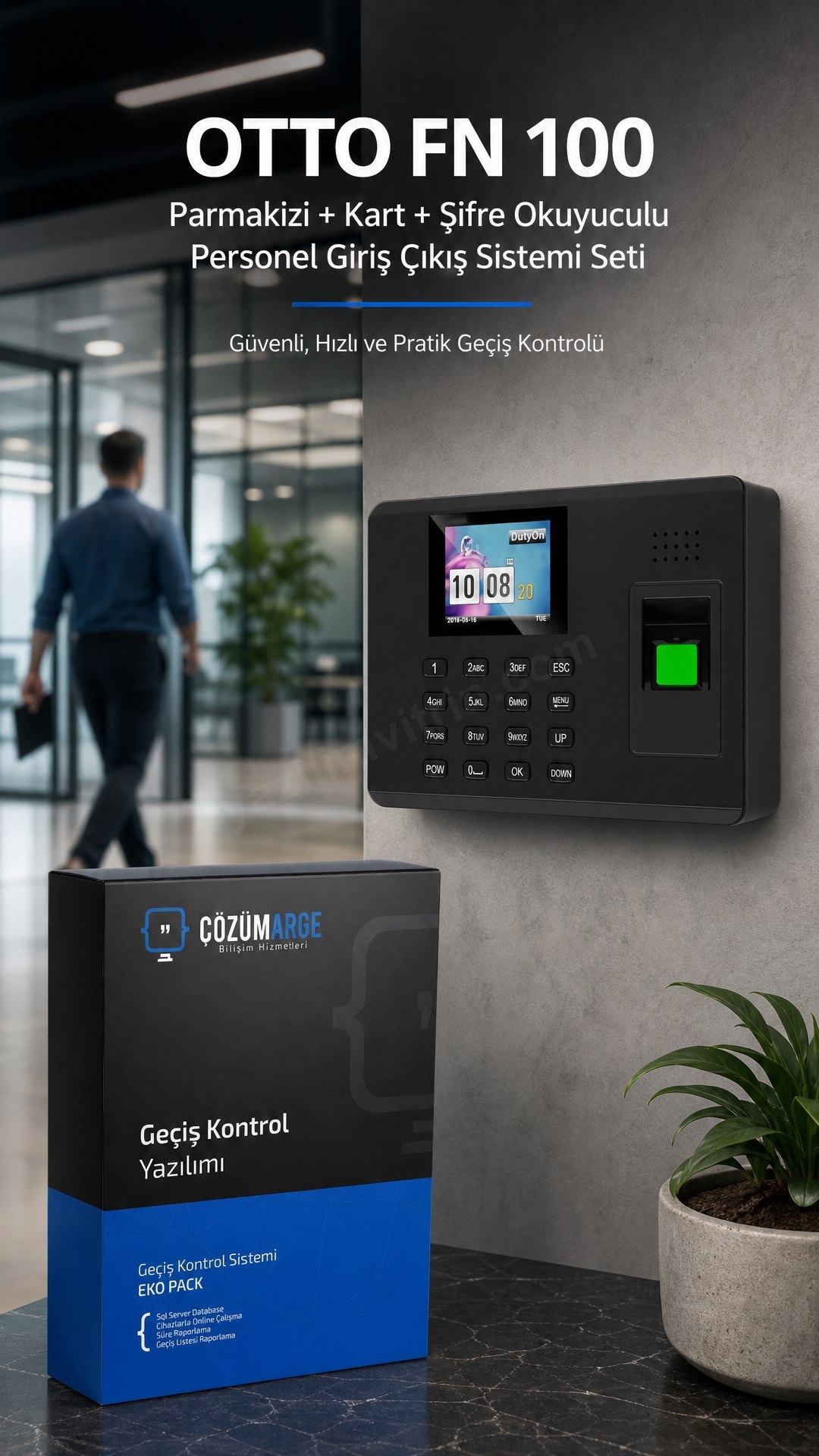 Otto FN 100 Parmakizi+Kart+Şifre Okuyuculu Personel Giriş &Ccedil;ıkış Sistemi Seti