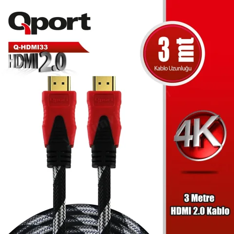 Qport Q-Hdmı33 3 Metre 2.0v 4k Altın U&ccedil;lu &Ouml;rg&uuml;l&uuml; Kablo