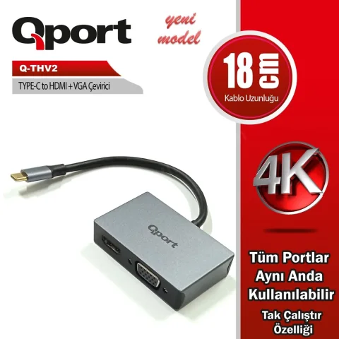 Qport Q-Thv2 Type-C To Hdmı/Vga Cevırıcı Adapt&ouml;r