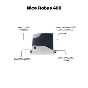 Nice Robus 400 KİT, 400 kg kayar kapı motoru; 24V DC, engel tanıma, hızlı ve sessiz kullanım sunan g&uuml;venli otomasyon &ccedil;&ouml;z&uuml;m&uuml;d&uuml;r. , NiceRobus400 , Robus400Kit , KayarKapıMotoru , NiceBah&ccedil;eKapısıMotoru