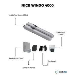 Nice Wingo 4000 KİT i&ccedil;eriği: 1 motor seti, 1 flaş&ouml;r lamba, 1 kontrol kartı, 2 kumanda ve 1 fotosel ile kanatlı kapı otomasyonu i&ccedil;in eksiksiz &ccedil;&ouml;z&uuml;m. , NiceWingo4000KanatlıKapı , Wingo4000SiteGirişi , NiceOtomasyonVillaGirişi , KanatlıKapıMotoruSiteGirişi , NiceWingo4000Villa , FotoselKanatlıKapı , Flaş&ouml;rLambaKapıOtomasyonu