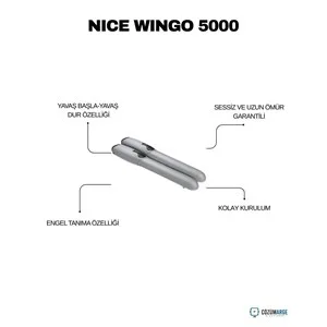 Nice Wingo 5000 Kit kanatlı kapı motoru; yavaş başla-dur, engel tanıma, sessiz &ccedil;alışma ve kolay kurulumla geniş kapılar i&ccedil;in uzun &ouml;m&uuml;rl&uuml; otomasyon sağlar. , NiceWingo5000 , Wingo5000Kit , KanatlıKapıMotoru , DaireselKapıMotoru , NiceOtomasyon